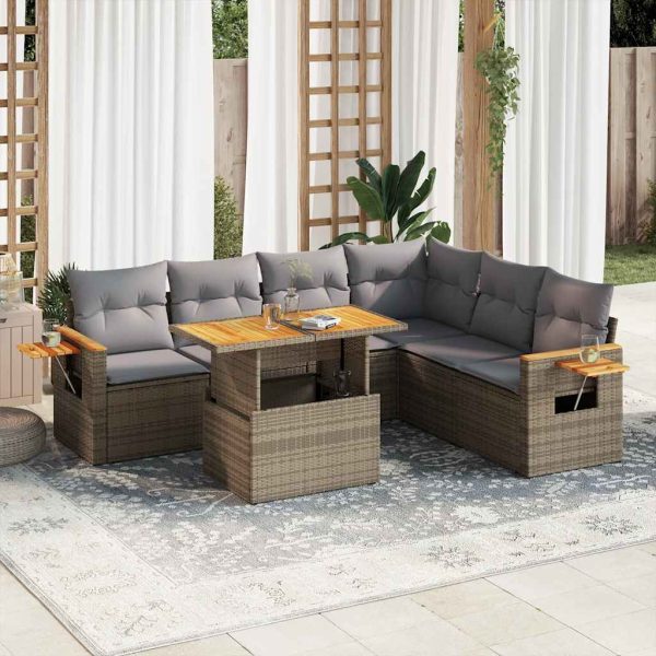 7-Delige Loungeset Met Kussens Poly Rattan Acacia - Afbeelding 13