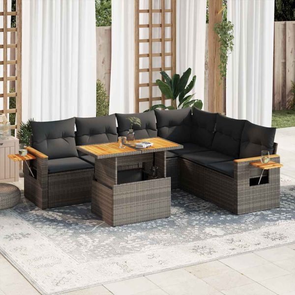 7-Delige Loungeset Met Kussens Poly Rattan Acacia - Afbeelding 14