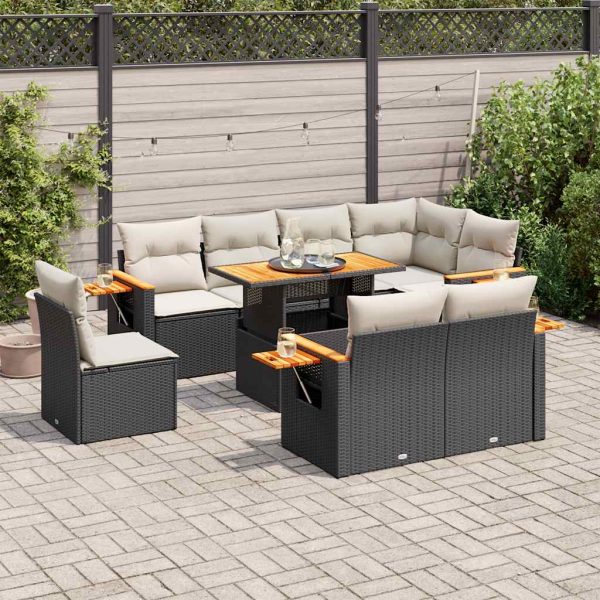 9-Delige Loungeset Met Kussens Poly Rattan Acacia - Afbeelding 15