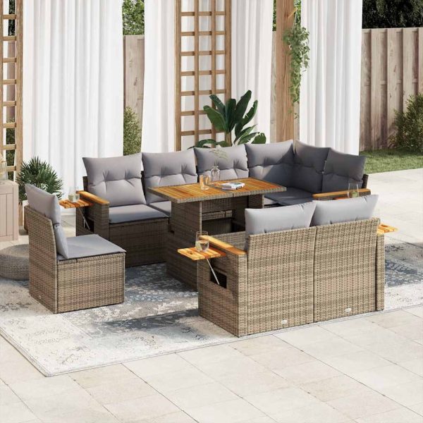 9-Delige Loungeset Met Kussens Poly Rattan Acacia - Afbeelding 13