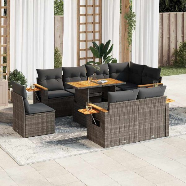 9-Delige Loungeset Met Kussens Poly Rattan Acacia - Afbeelding 14