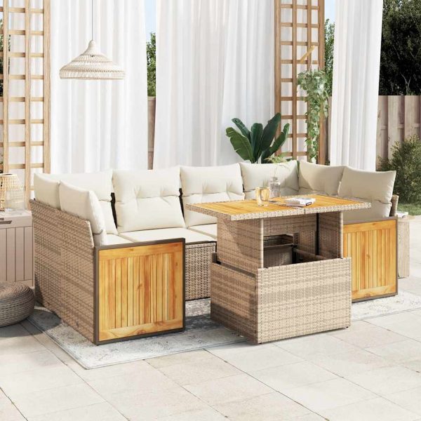 7-Delige Loungeset Met Kussens Poly Rattan Acacia - Afbeelding 13