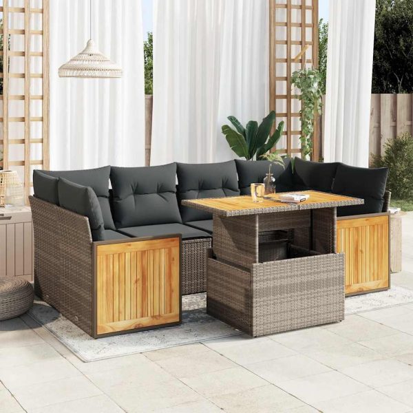 7-Delige Loungeset Met Kussens Poly Rattan Acacia - Afbeelding 16