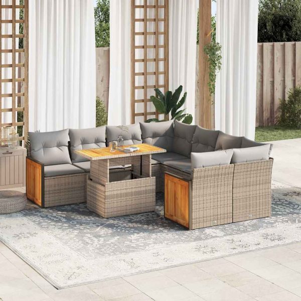 9-Delige Loungeset Met Kussens Poly Rattan Acacia - Afbeelding 13