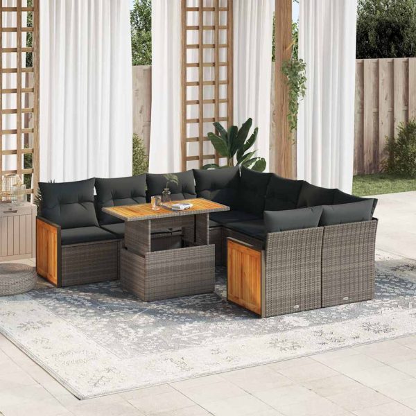 9-Delige Loungeset Met Kussens Poly Rattan Acacia - Afbeelding 15