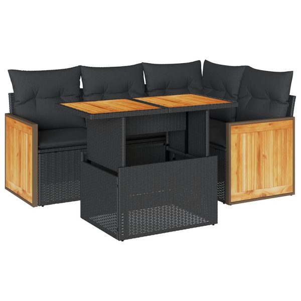 5-Delige Loungeset Met Kussens Poly Rattan Acacia - Afbeelding 2