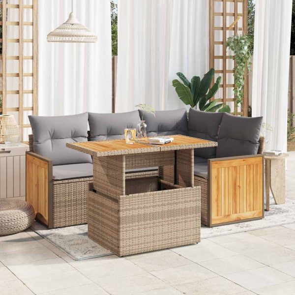 5-Delige Loungeset Met Kussens Poly Rattan Acacia - Afbeelding 15