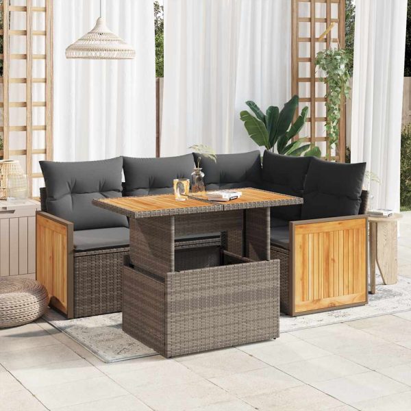 5-Delige Loungeset Met Kussens Poly Rattan Acacia - Afbeelding 13