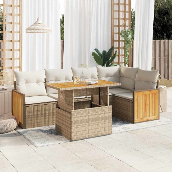 6-Delige Loungeset Met Kussens Poly Rattan Acacia - Afbeelding 14