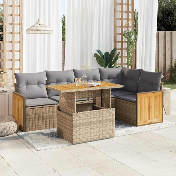 6-Delige Loungeset Met Kussens Poly Rattan Acacia - Afbeelding 15