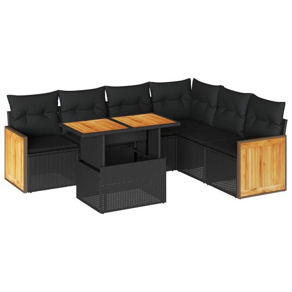 7-Delige Loungeset Met Kussens Poly Rattan Acacia - Afbeelding 2