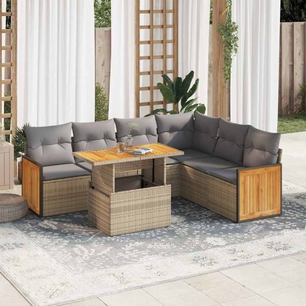 7-Delige Loungeset Met Kussens Poly Rattan Acacia - Afbeelding 15