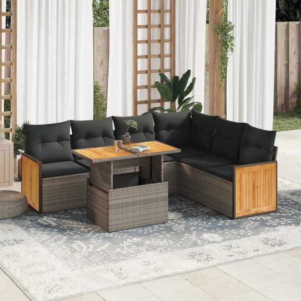 7-Delige Loungeset Met Kussens Poly Rattan Acacia - Afbeelding 16