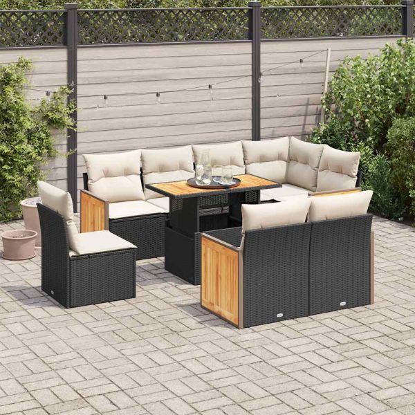 9-Delige Loungeset Met Kussens Poly Rattan Acacia - Afbeelding 15