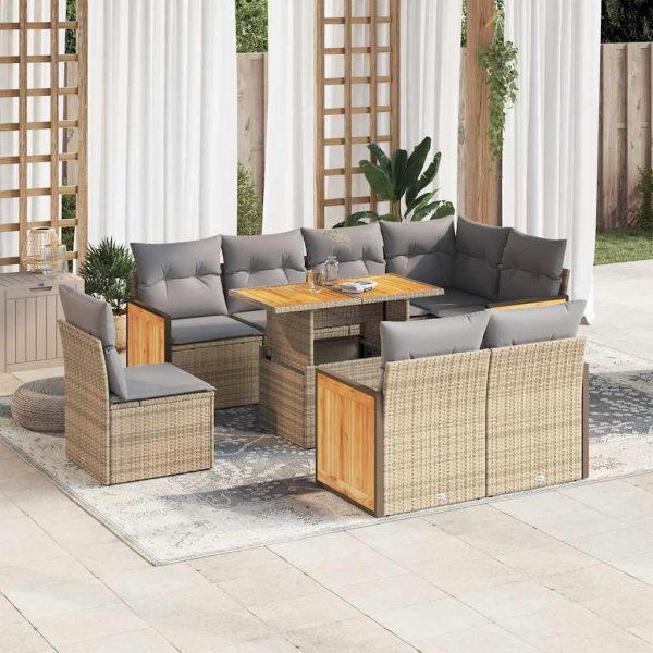 9-Delige Loungeset Met Kussens Poly Rattan Acacia - Afbeelding 13