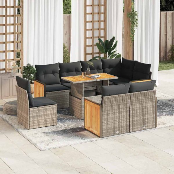 9-Delige Loungeset Met Kussens Poly Rattan Acacia - Afbeelding 16