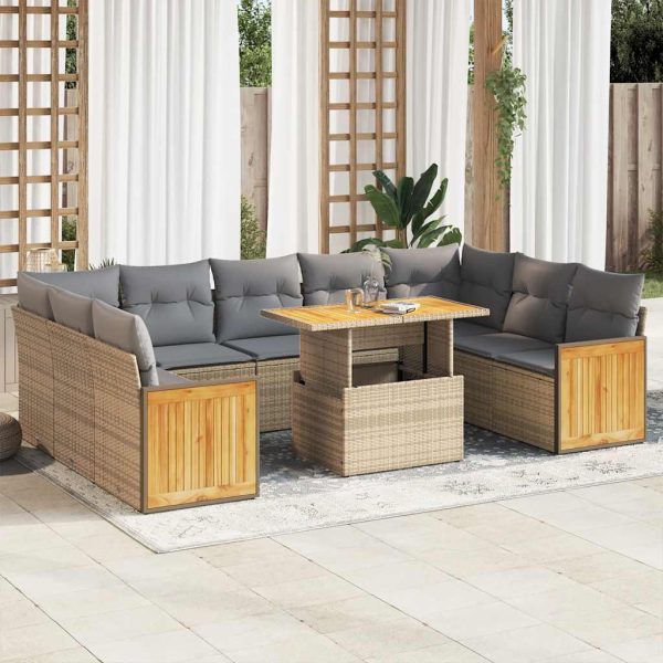 10-Delige Loungeset Met Kussens Poly Rattan Acacia - Afbeelding 15