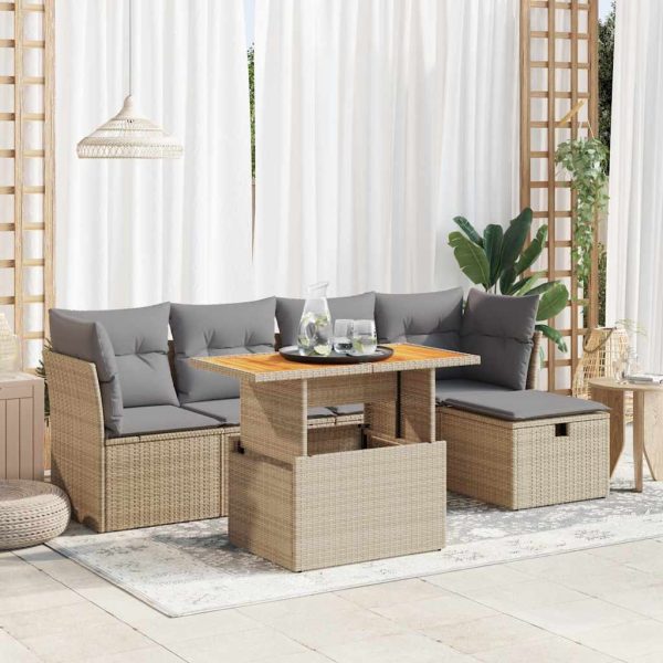 6-Delige Loungeset Met Kussens Poly Rattan Acacia - Afbeelding 15