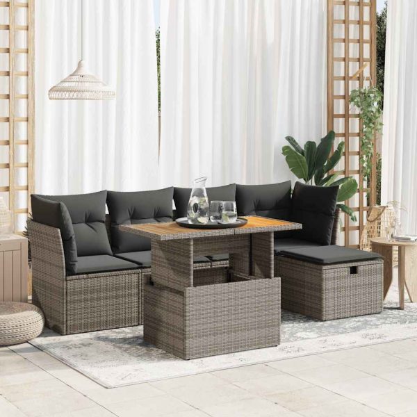 6-Delige Loungeset Met Kussens Poly Rattan Acacia - Afbeelding 14