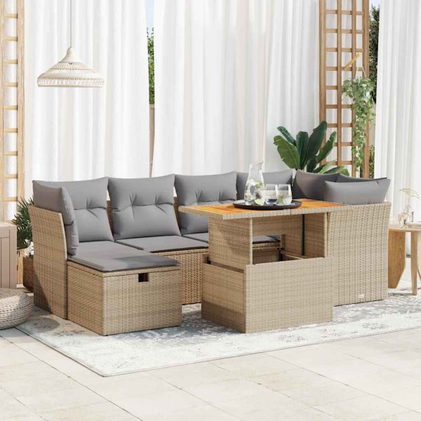 7-Delige Loungeset Met Kussens Poly Rattan Acacia - Afbeelding 15