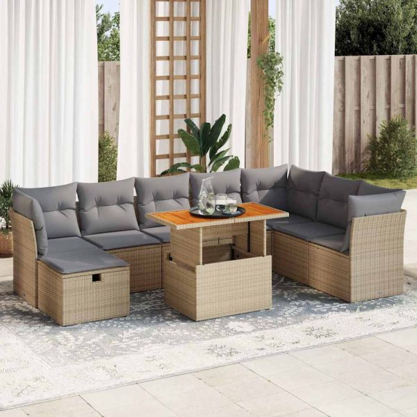 9-Delige Loungeset Met Kussens Poly Rattan Acacia - Afbeelding 15