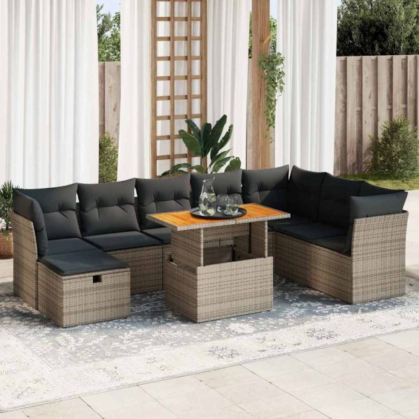 9-Delige Loungeset Met Kussens Poly Rattan Acacia - Afbeelding 14