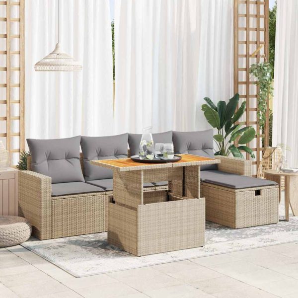 6-Delige Loungeset Met Kussens Poly Rattan Acacia - Afbeelding 16