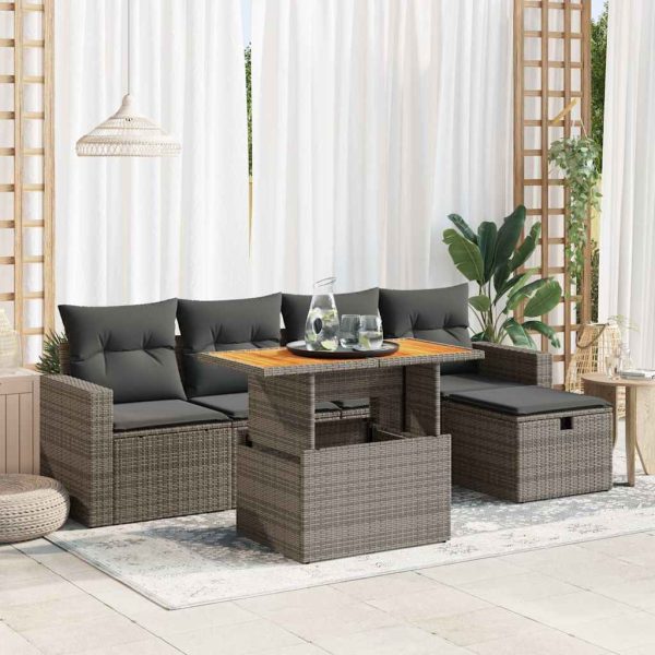 6-Delige Loungeset Met Kussens Poly Rattan Acacia - Afbeelding 15