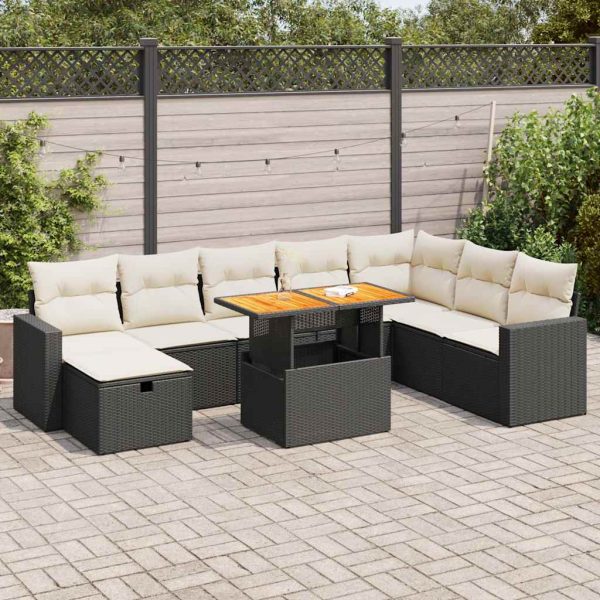 9-Delige Loungeset Met Kussens Poly Rattan Acacia - Afbeelding 15