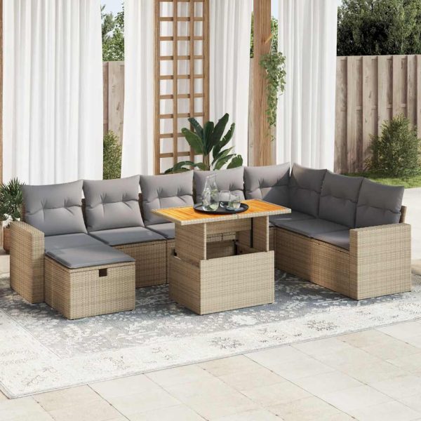 9-Delige Loungeset Met Kussens Poly Rattan Acacia - Afbeelding 16