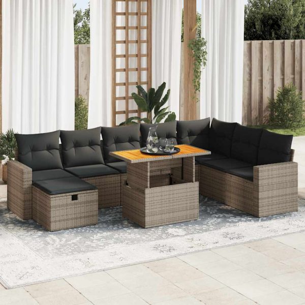 9-Delige Loungeset Met Kussens Poly Rattan Acacia - Afbeelding 14