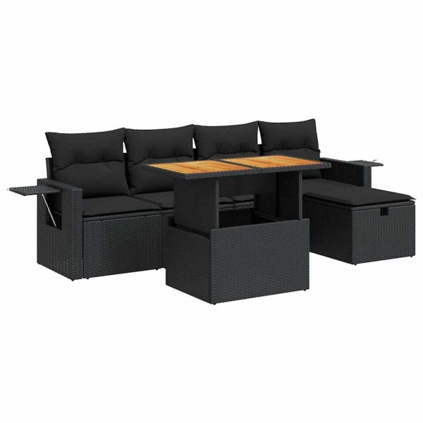 6-Delige Loungeset Met Kussens Poly Rattan Acacia - Afbeelding 2