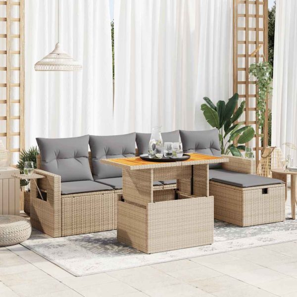 6-Delige Loungeset Met Kussens Poly Rattan Acacia - Afbeelding 13