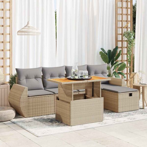 6-Delige Loungeset Met Kussens Poly Rattan Acacia - Afbeelding 15