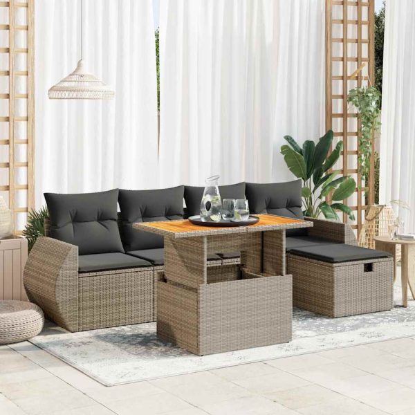 6-Delige Loungeset Met Kussens Poly Rattan Acacia - Afbeelding 16