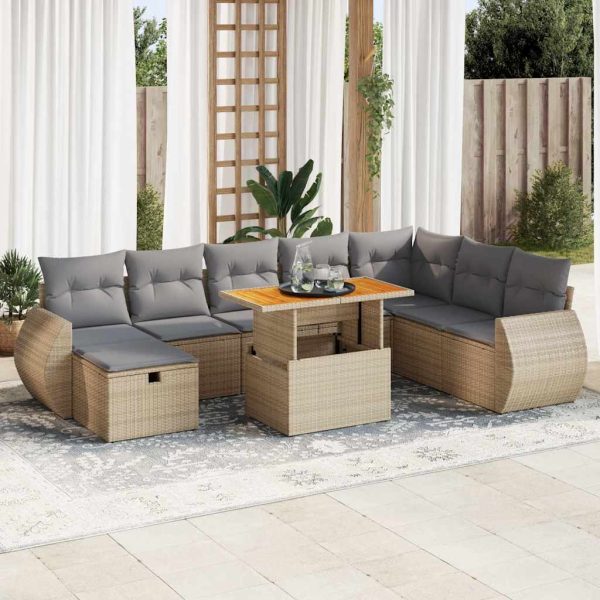 9-Delige Loungeset Met Kussens Poly Rattan Acacia - Afbeelding 16