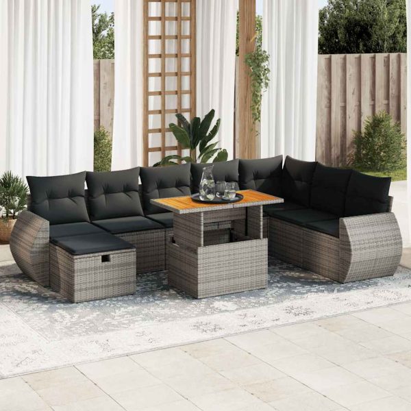 9-Delige Loungeset Met Kussens Poly Rattan Acacia - Afbeelding 15