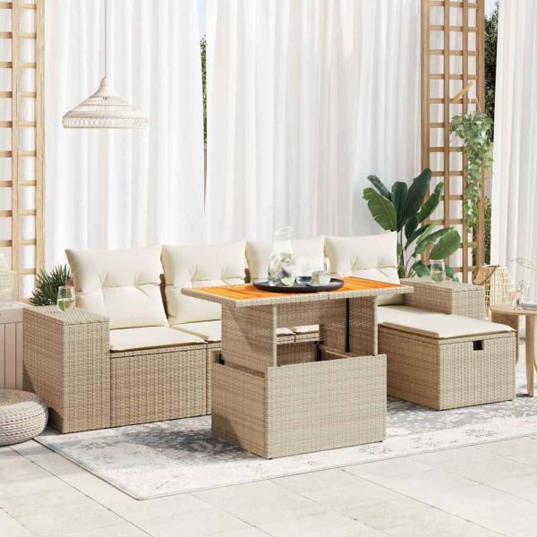 6-Delige Loungeset Met Kussens Poly Rattan Acacia - Afbeelding 13