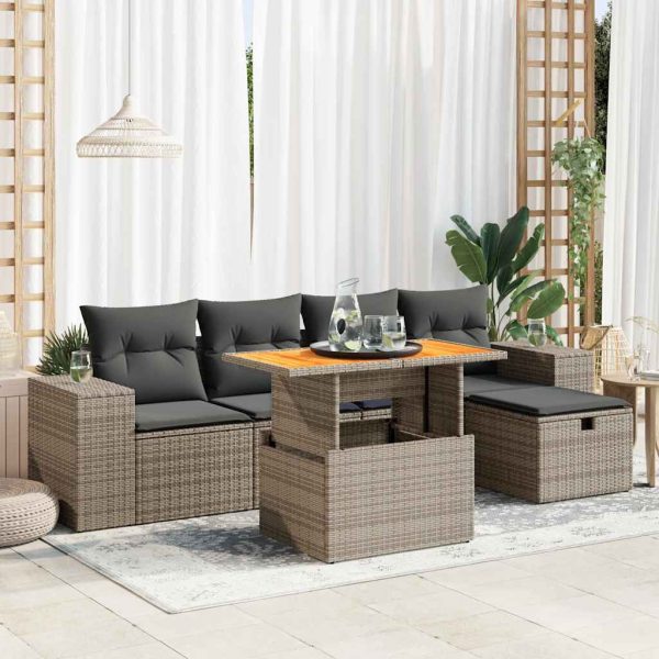 6-Delige Loungeset Met Kussens Poly Rattan Acacia - Afbeelding 16