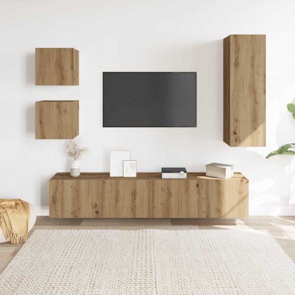 5-Delig Tv-Meubelset Wandmontage Bewerkt Hout Artisanaal Eiken - Afbeelding 3