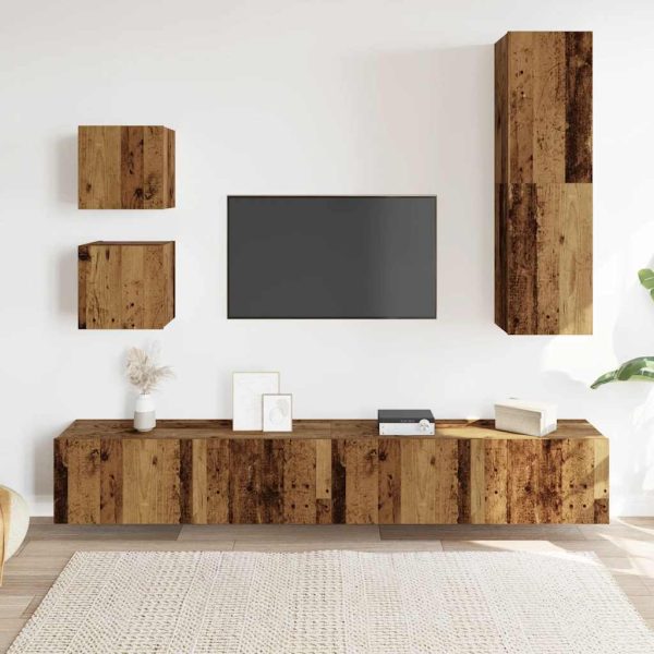 5-Delig Tv-Meubelset Wandmontage Bewerkt Hout Oud Houtkleurig - Afbeelding 3