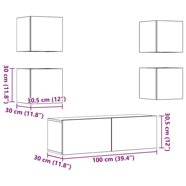 5-Delig Tv-Meubelset Wandmontage Bewerkt Hout Kleurig - Afbeelding 9